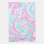 ピンクとティール(緑がかった色)ブルーコットンキャンディカラーズマーブル キッチンタオル (縦)