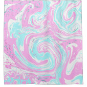 ピンクとティール（緑がかった色）ブルーコットンキャンディカラーズマーブル シャワーカーテン (正面)