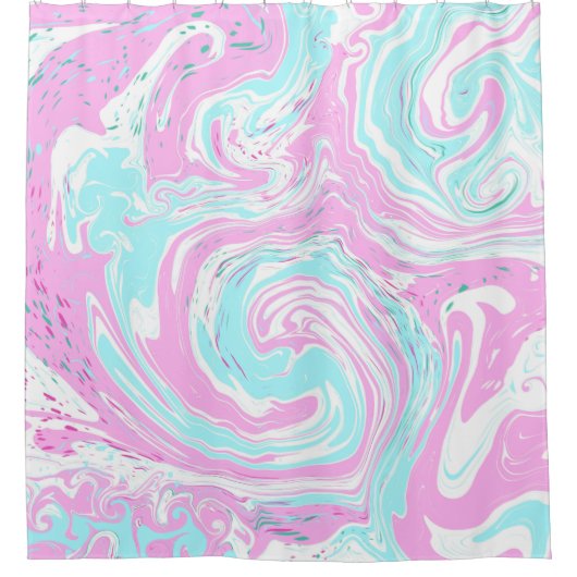 ピンクとティール（緑がかった色）ブルーコットンキャンディカラーズマーブル シャワーカーテン (正面)