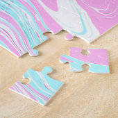 ピンクとティール(緑がかった色)ブルーコットンキャンディーカラーマーブルネーム ジグソーパズル (側面)