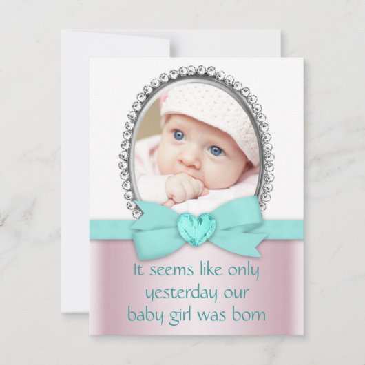 ピンクとティール（緑がかった色）ブルースウィート16パーティー 招待状 (正面)