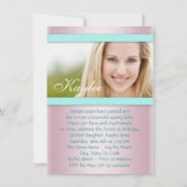 ピンクとティール（緑がかった色）ブルースウィート16パーティー 招待状 (裏面)