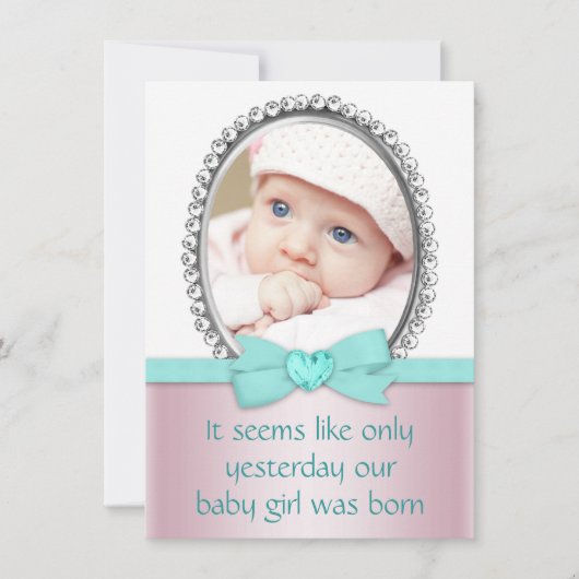 ピンクとティール（緑がかった色）ブルースウィート16パーティー 招待状 (正面)