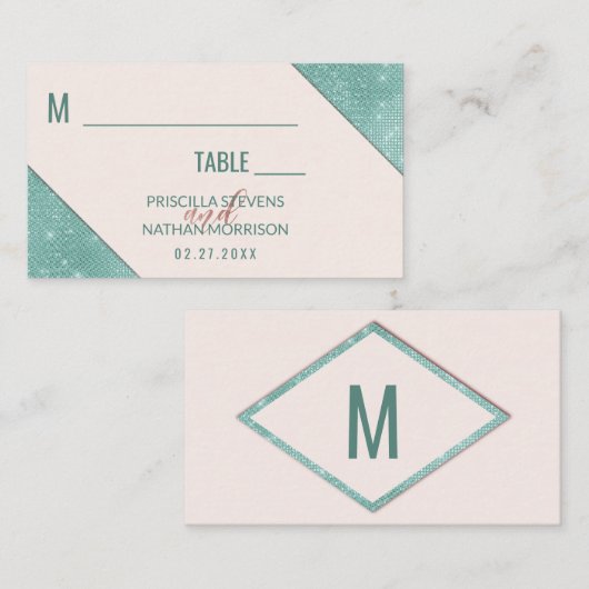 ピンクとティール(緑がかった色)ブルーフェイクグリッターシークイン結婚ズ プレイスカード (正面/裏面)