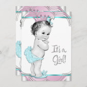 ピンクとティール（緑がかった色）ブループリンセスベビーシャワー 招待状 (正面/裏面)