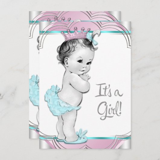 ピンクとティール（緑がかった色）ブループリンセスベビーシャワー 招待状 (正面/裏面)