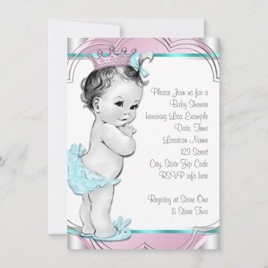 ピンクとティール（緑がかった色）ブループリンセスベビーシャワー 招待状 (裏面)