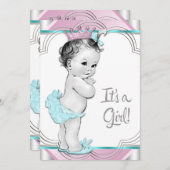 ピンクとティール(緑がかった色)ブループリンセスベビーシャワー 招待状 (正面/裏面)