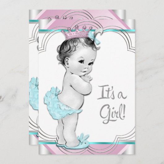 ピンクとティール(緑がかった色)ブループリンセスベビーシャワー 招待状 (正面/裏面)