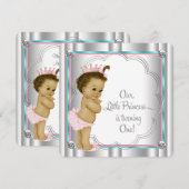 ピンクとティール（緑がかった色）ブループリンセス1st誕生日パーティー 招待状 (正面/裏面)