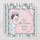 ピンクとティール(緑がかった色)ブループリンセス1st誕生日パーティー 招待状 (正面/裏面)