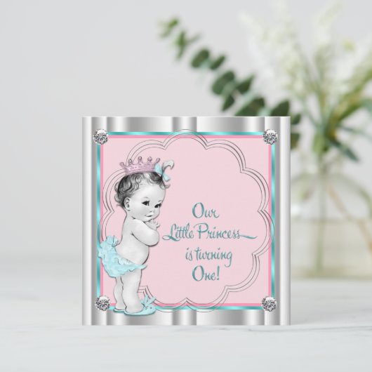 ピンクとティール（緑がかった色）ブループリンセス1st誕生日パーティー 招待状 (スタンド正面)