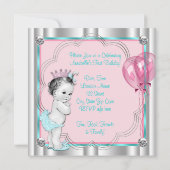 ピンクとティール(緑がかった色)ブループリンセス1st誕生日パーティー 招待状 (裏面)