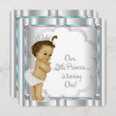 ピンクとティール（緑がかった色）ブループリンセス1st誕生日パーティー 招待状 (正面/裏面)