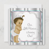 ピンクとティール（緑がかった色）ブループリンセス1st誕生日パーティー 招待状 (正面)