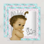 ピンクとティール(緑がかった色)ブルーベビーガールシャワー 招待状 (正面/裏面)