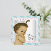 ピンクとティール(緑がかった色)ブルーベビーガールシャワー 招待状 (スタンド正面)