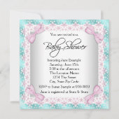 ピンクとティール(緑がかった色)ブルーベビーガールシャワー 招待状 (裏面)