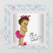 ピンクとティール（緑がかった色）ブルーベビーガールシャワー 招待状 (正面/裏面)