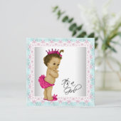 ピンクとティール（緑がかった色）ブルーベビーガールシャワー 招待状 (スタンド正面)