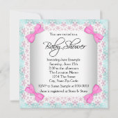 ピンクとティール（緑がかった色）ブルーベビーガールシャワー 招待状 (裏面)