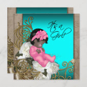 ピンクとティール（緑がかった色）ブルーベビーガールシャワー 招待状 (正面/裏面)