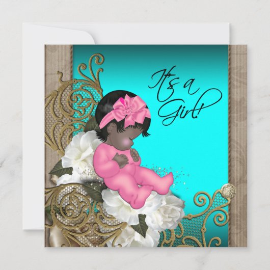 ピンクとティール（緑がかった色）ブルーベビーガールシャワー 招待状 (正面)