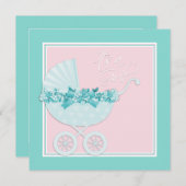 ピンクとティール（緑がかった色）ブルーベビーシャワー招待状 招待状 (正面/裏面)