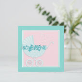 ピンクとティール（緑がかった色）ブルーベビーシャワー招待状 招待状 (スタンド正面)