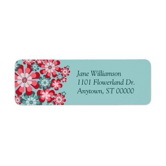 ピンクとティール（緑がかった色）モダンの花カスタム住所 シール (正面)