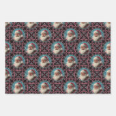 ピンクとティール（緑がかった色）レトロサンタマンダラジオメトリックタイル ラッピングペーパーシート (正面)