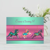ピンクとティール(緑がかった色)回転木馬ポニーバースデーパーティー 招待状 (スタンド正面)