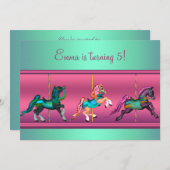 ピンクとティール(緑がかった色)回転木馬ポニーバースデーパーティー 招待状 (正面/裏面)