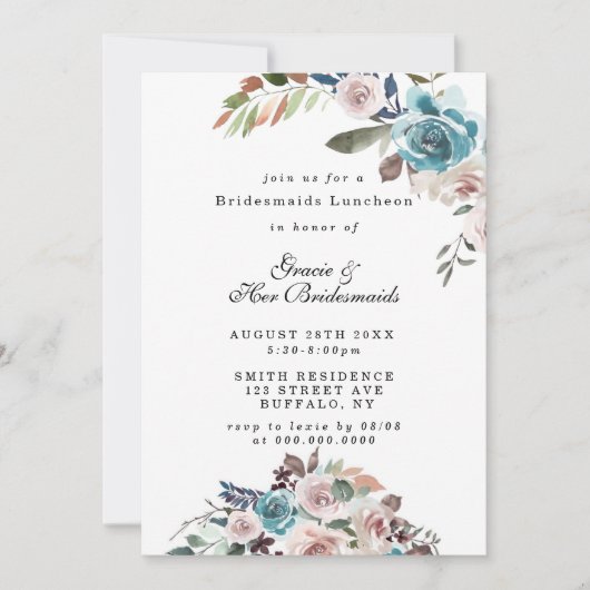 ピンクとティール（緑がかった色）牡丹ブライデスメイドランチョン招待状 (正面)