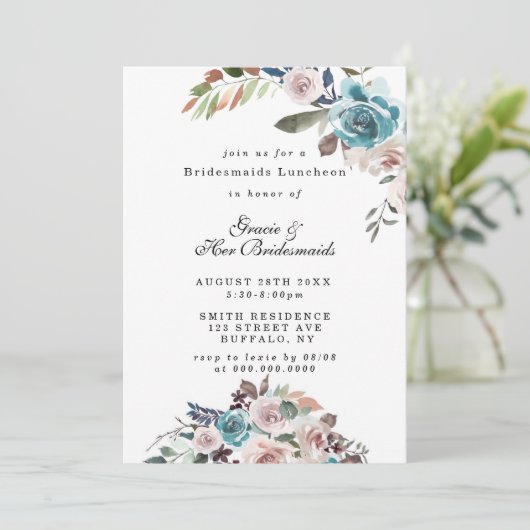 ピンクとティール(緑がかった色)牡丹ブライデスメイドランチョン招待状 (スタンド正面)