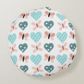 ピンクとティール(緑がかった色)虹、蝶とハート ラウンドクッション (裏面)