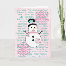 ピンクとティール(緑がかった色)雪だるまスノーフレークスクリスマスカード シーズンカード