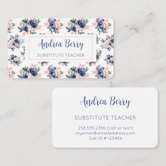 ピンクとネイビーのフローラ 名刺 (正面/裏面)