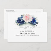 ピンクとネイビーのブルーフローラボホ日付を保存 ポストカード (正面/裏面)