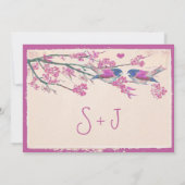 ピンクとネイビーのラブバード 桜 ウェディング 招待状 (裏面)