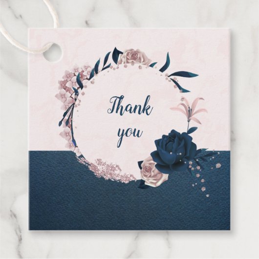 ピンクとネイビーの花と葉のギフトタグ フェイバータグ (正面)