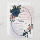 ピンクとネイビーの花のボタニカル・幾何学ウェディング 招待状 (正面)