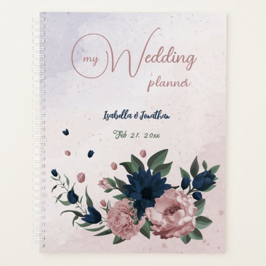 ピンクとネイビーの花の植物の結婚式 プランナー手帳 (正面)