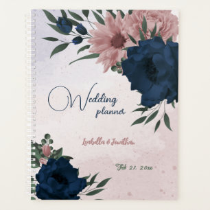 ピンクとネイビーの花の植物の結婚式 プランナー手帳