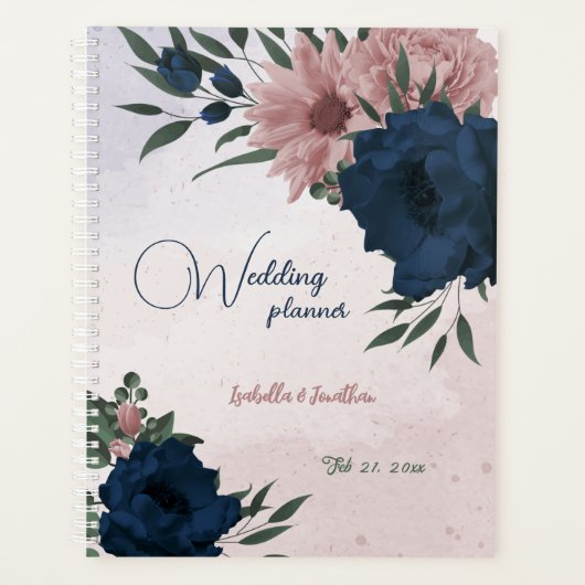 ピンクとネイビーの花の植物の結婚式 プランナー手帳 (正面)