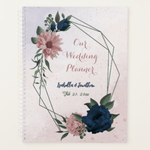 ピンクとネイビーの花の植物の結婚式 プランナー手帳