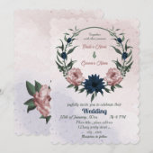 ピンクとネイビーの花の植物学的な花輪の結婚式 招待状 (正面/裏面)