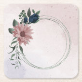 ピンクとネイビーの花の植物学 スクエアペーパーコースター (正面)