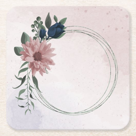 ピンクとネイビーの花の植物学 スクエアペーパーコースター (正面)