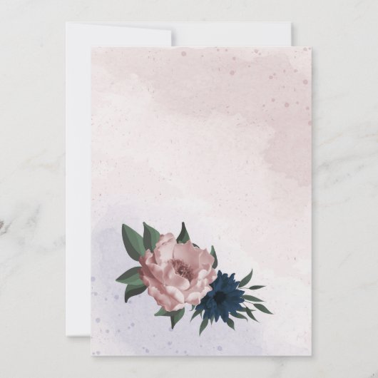 ピンクとネイビーの花の植物幾何学結婚的な 招待状 (裏面)